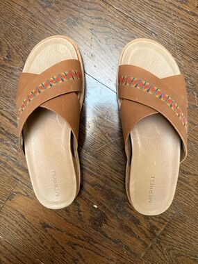 MERRELL Juno Women's Brown Slide Sandals with Multicolor Accent - EUC - 8